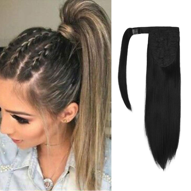 SEIKEA Clip in Ponytail Extension Wrap Around Straight Hair for Women (12", Black) - Image 1